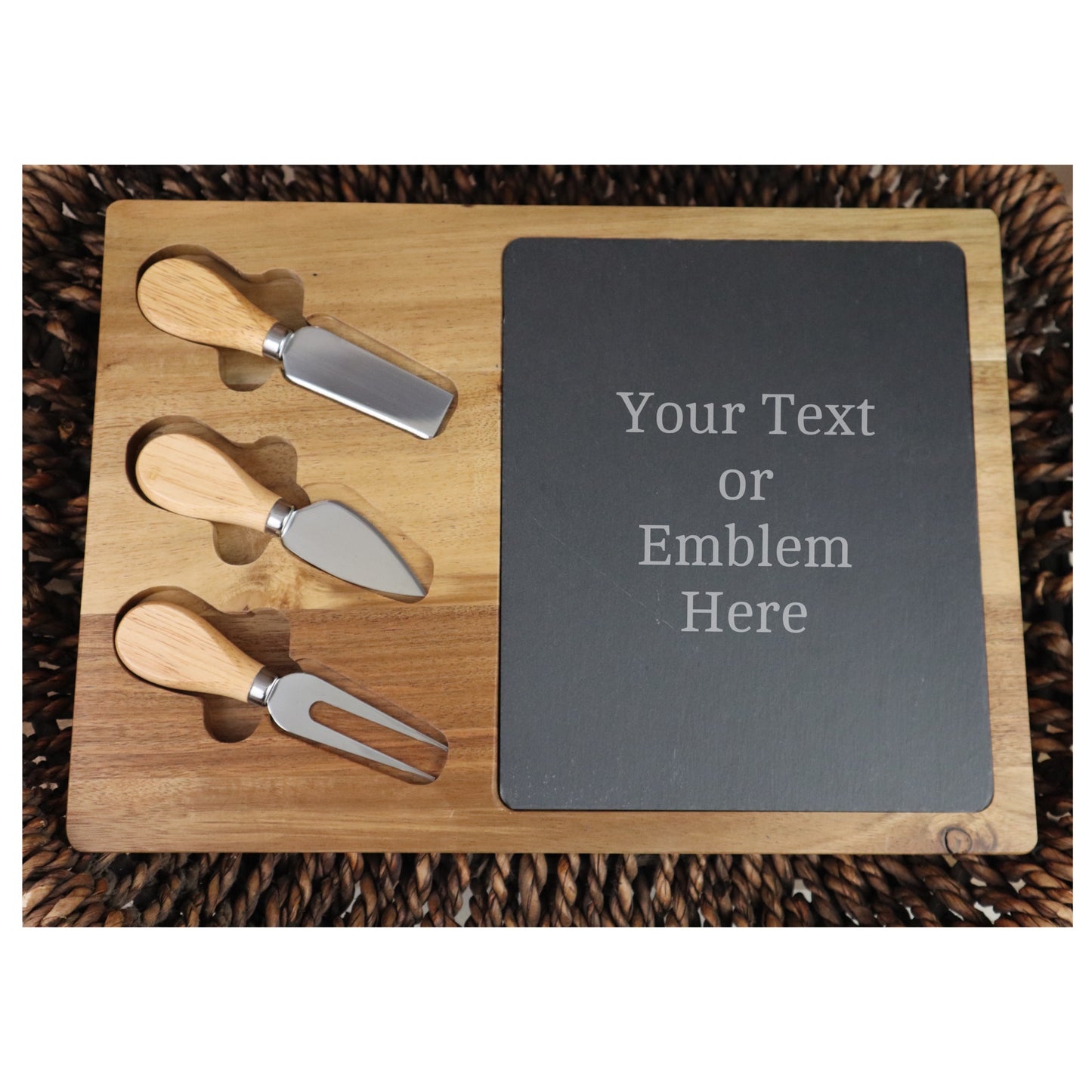 Personalized Acacia Wood/Slate Rectangle Cheese Board Set with your Text or Logo. Charcuterie Board with Utensils Cutting Sliding Board