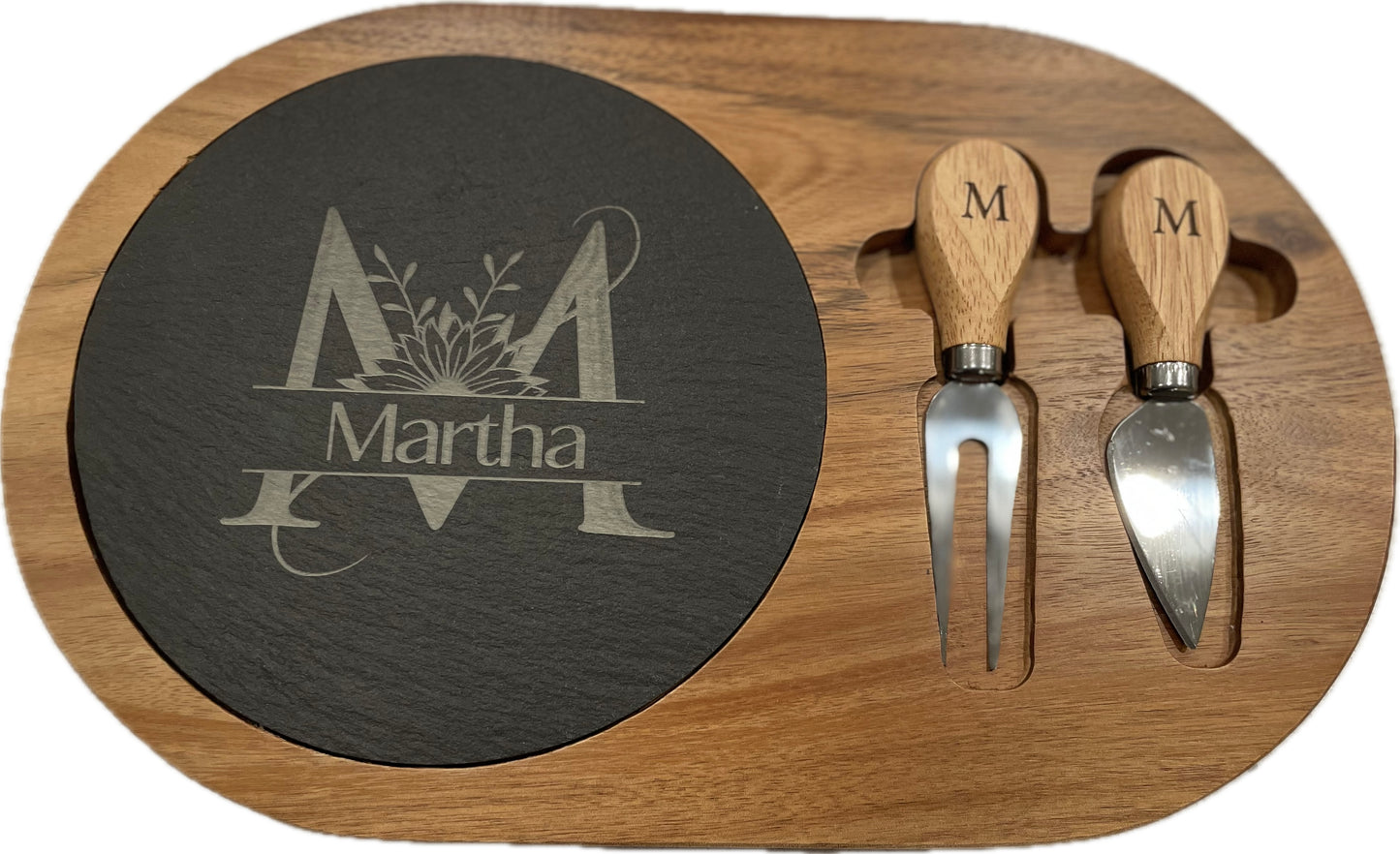 Personalized Acacia Wood/Slate Oval Cheese Board Set with your Text or Logo. Charcuterie Board with Utensils Cutting Sliding Board