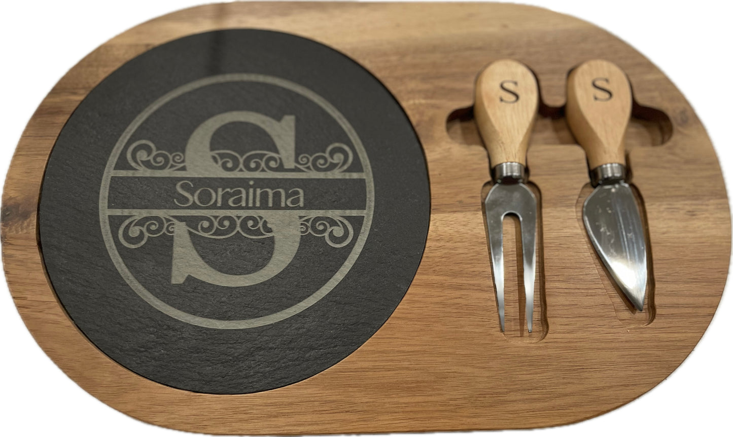 Personalized Acacia Wood/Slate Oval Cheese Board Set with your Text or Logo. Charcuterie Board with Utensils Cutting Sliding Board