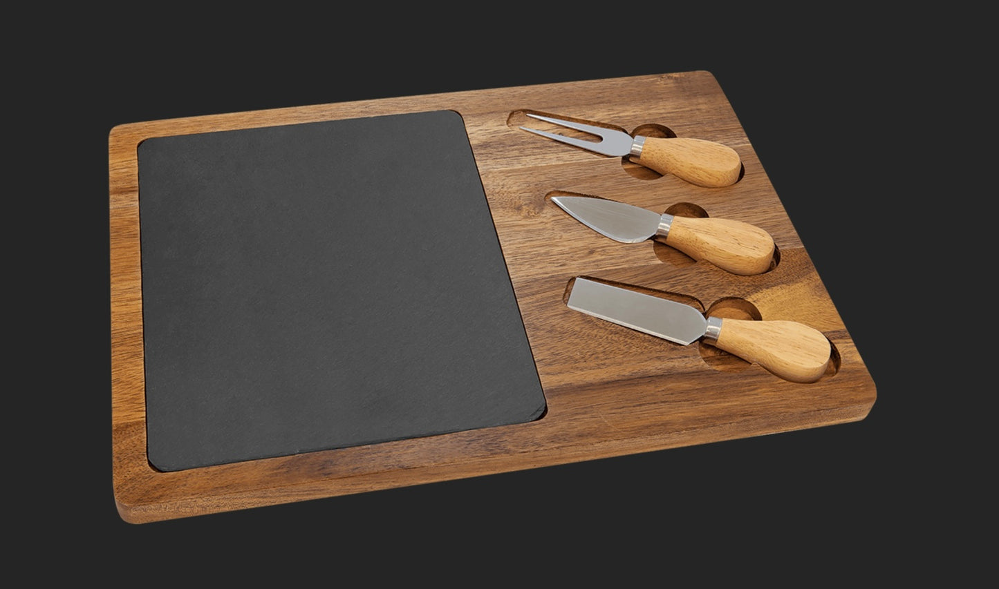 Personalized Acacia Wood/Slate Rectangle Cheese Board Set with your Text or Logo. Charcuterie Board with Utensils Cutting Sliding Board