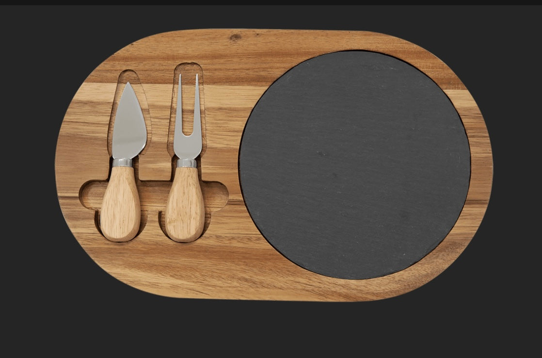 Personalized Acacia Wood/Slate Oval Cheese Board Set with your Text or Logo. Charcuterie Board with Utensils Cutting Sliding Board