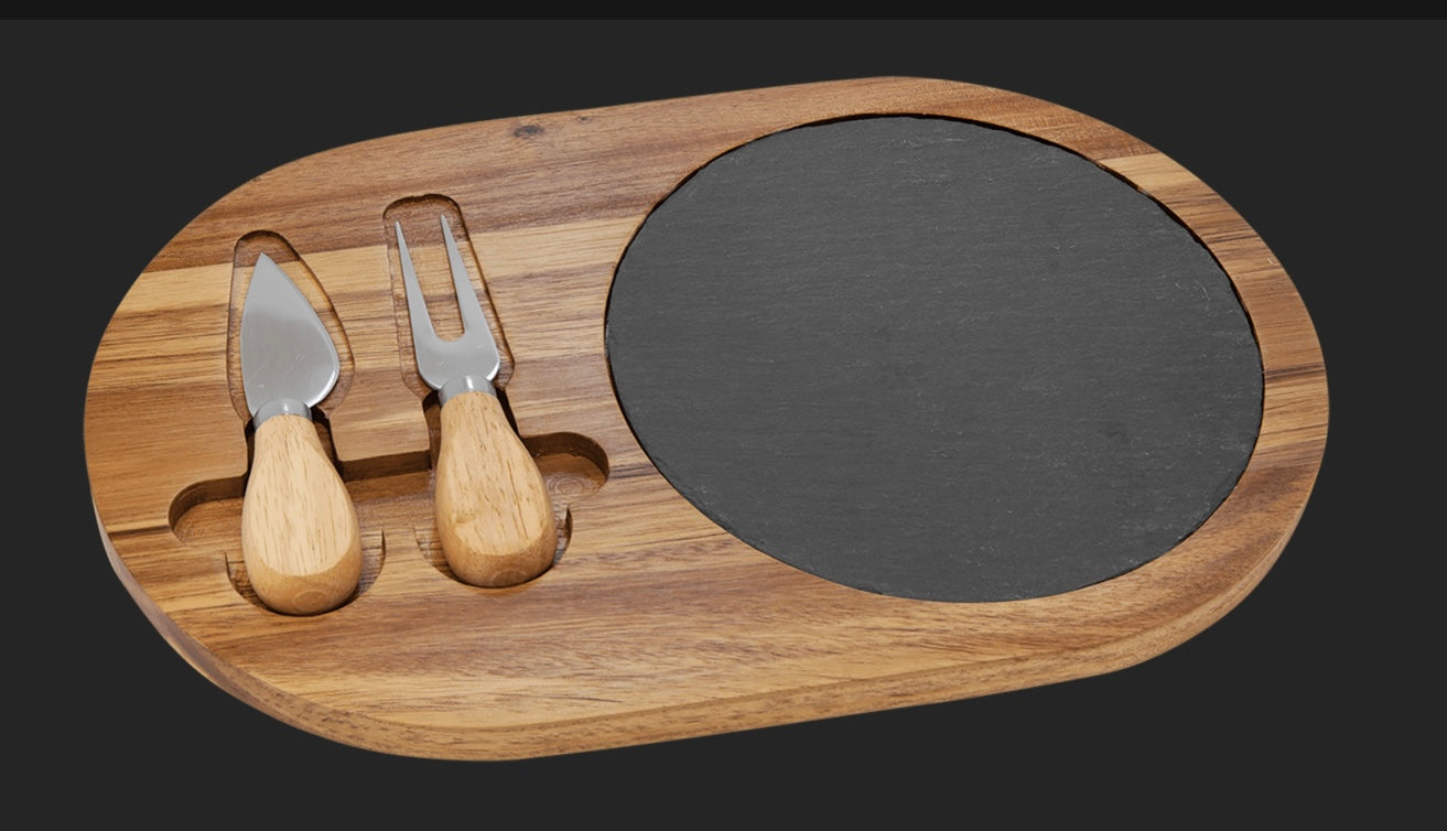 Personalized Acacia Wood/Slate Oval Cheese Board Set with your Text or Logo. Charcuterie Board with Utensils Cutting Sliding Board