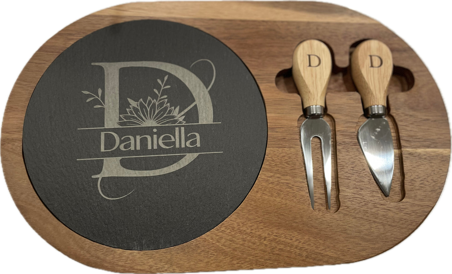 Personalized Acacia Wood/Slate Oval Cheese Board Set with your Text or Logo. Charcuterie Board with Utensils Cutting Sliding Board